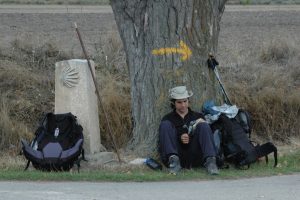 En mand holder pause ved et træ på Caminoen