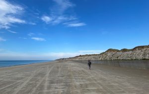 En vandrer ved stranden på Nordsøstien